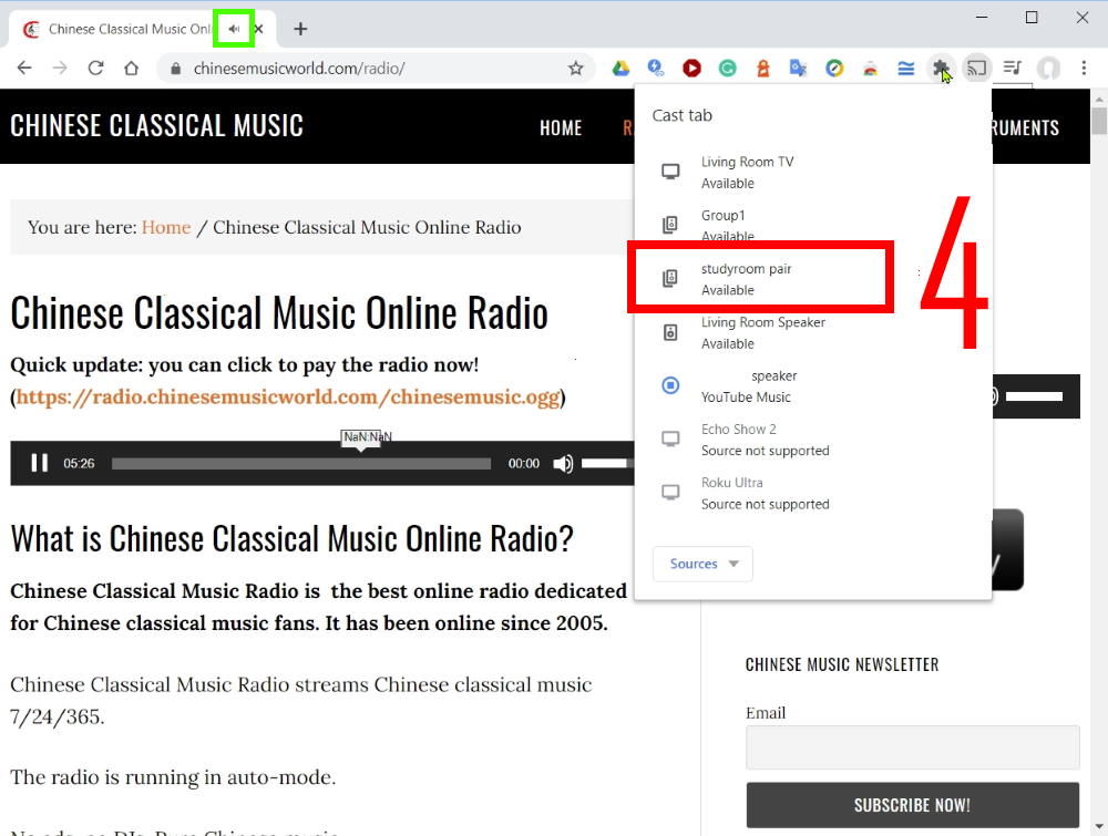Method 1: Cast Chinese music radio through Chrome browser on your PC/laptop or Chromebook: select Chromecast devices