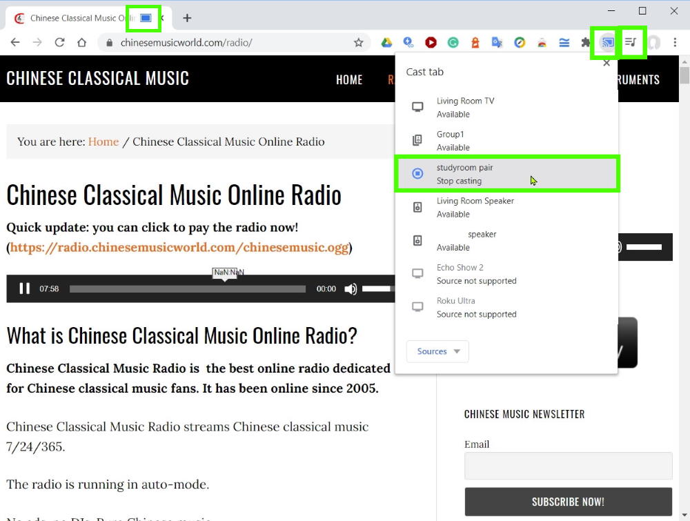 Method 1: Cast Chinese music radio through Chrome browser on your PC/laptop or Chromebook: casting and stop casting